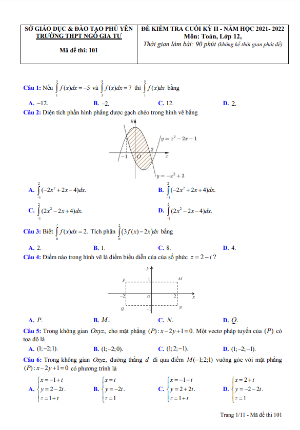 đề cuối kỳ 2 toán 12 năm 2021 – 2022 trường thpt ngô gia tự – phú yên