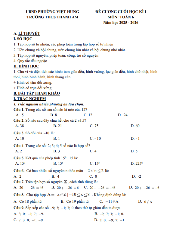 đề cương cuối học kì 1 toán 6 năm 2025 – 2026 trường thcs thanh am – hà nội
