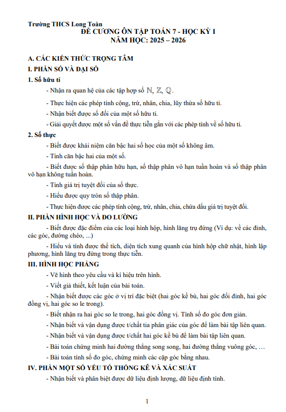 đề cương cuối học kì 1 toán 7 năm 2025 – 2026 trường thcs long toàn – tp hcm