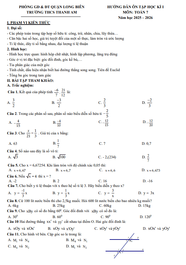 đề cương cuối học kì 1 toán 7 năm 2025 – 2026 trường thcs thanh am – hà nội