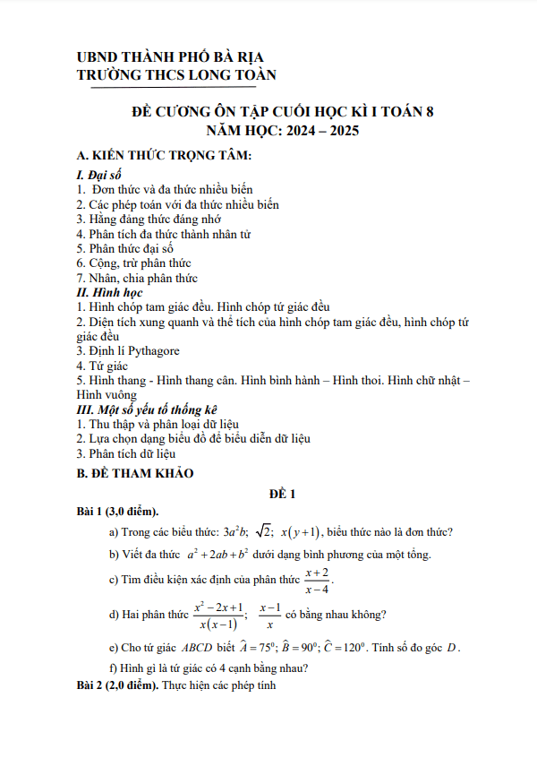 đề cương cuối học kì 1 toán 8 năm 2024 – 2025 trường thcs long toàn – br vt