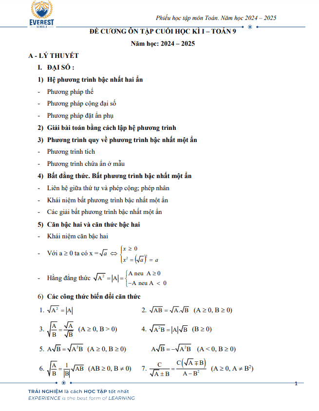 đề cương cuối học kì 1 toán 9 năm 2024 – 2025 trường everest schools – hà nội