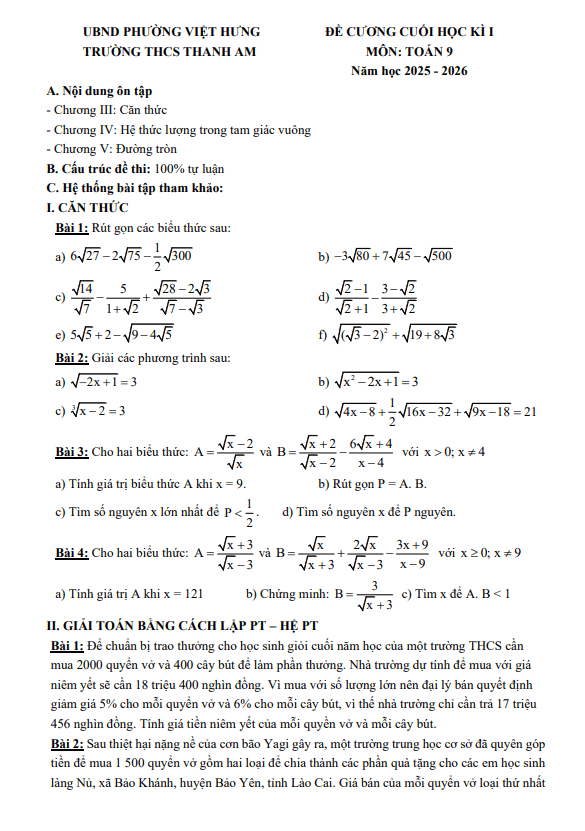 đề cương cuối học kì 1 toán 9 năm 2025 – 2026 trường thcs thanh am – hà nội