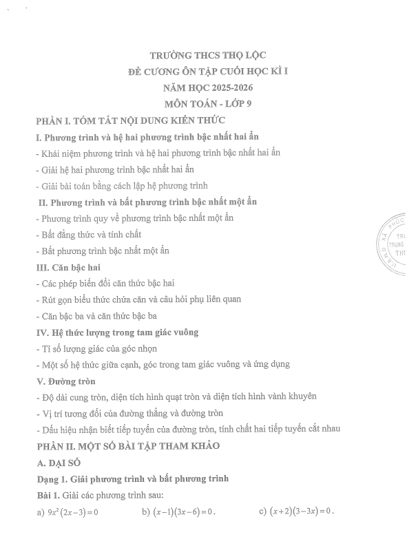 đề cương cuối học kì 1 toán 9 năm 2025 – 2026 trường thcs thọ lộc – hà nội