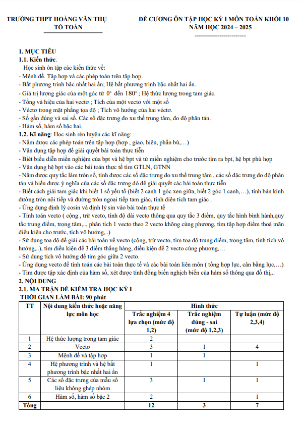 đề cương cuối học kỳ 1 toán 10 năm 2024 – 2025 trường thpt hoàng văn thụ – hà nội