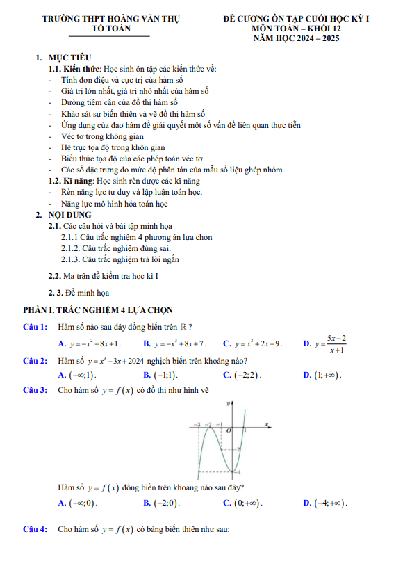 đề cương cuối học kỳ 1 toán 12 năm 2024 – 2025 trường thpt hoàng văn thụ – hà nội