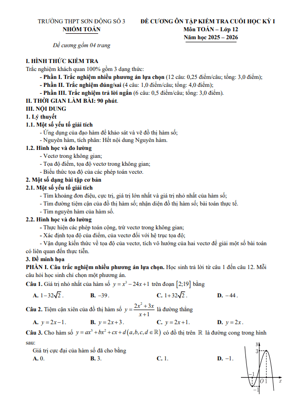 đề cương cuối học kỳ 1 toán 12 năm 2025 – 2026 trường thpt sơn động 3 – bắc ninh