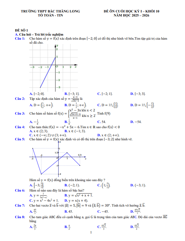 đề cương cuối kì 1 toán 10 năm 2025 – 2026 trường thpt bắc thăng long – hà nội