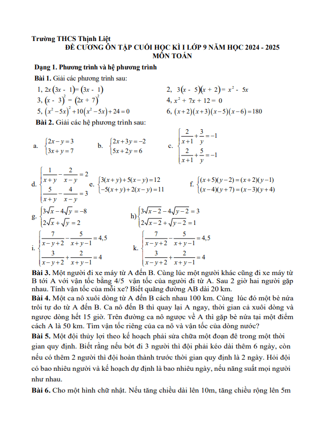 đề cương cuối kì 1 toán 9 năm 2024 – 2025 trường thcs thịnh liệt – hà nội