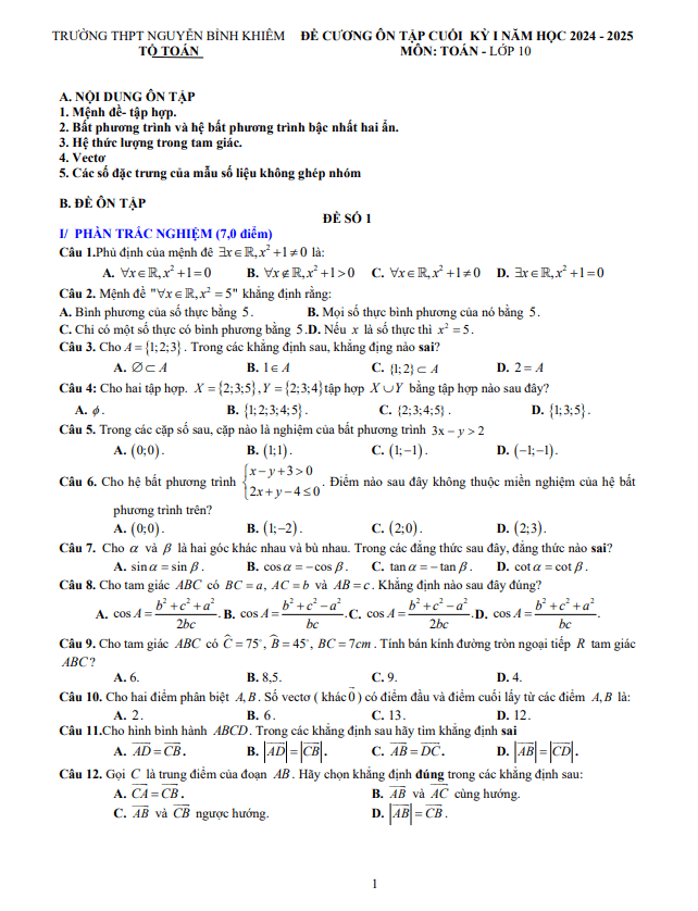 đề cương cuối kỳ 1 toán 10 năm 2024 – 2025 trường thpt nguyễn bỉnh khiêm – gia lai