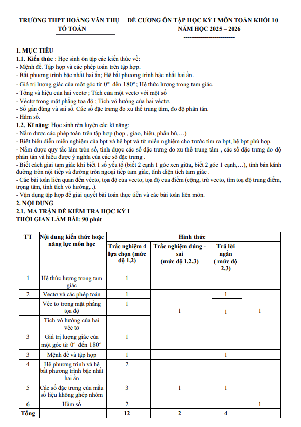 đề cương cuối kỳ 1 toán 10 năm 2025 – 2026 trường thpt hoàng văn thụ – hà nội