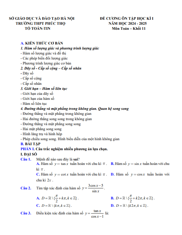 đề cương cuối kỳ 1 toán 11 năm 2024 – 2025 trường thpt phúc thọ – hà nội