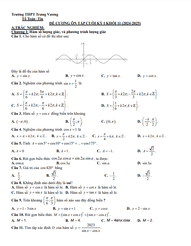 đề cương cuối kỳ 1 toán 11 năm 2024 – 2025 trường thpt trưng vương – bình định