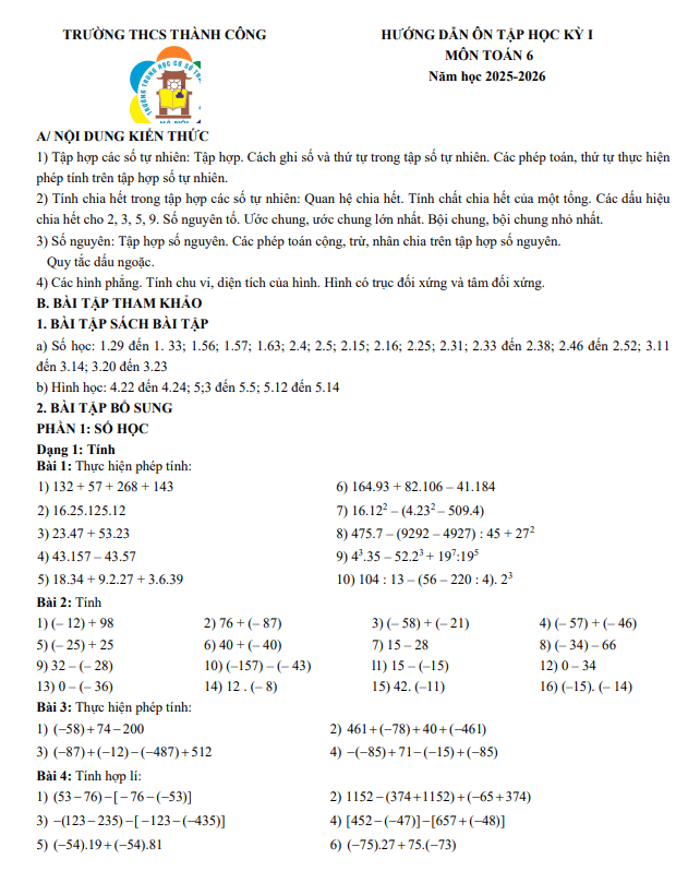 đề cương cuối kỳ 1 toán 6 năm 2025 – 2026 trường thcs thành công – hà nội