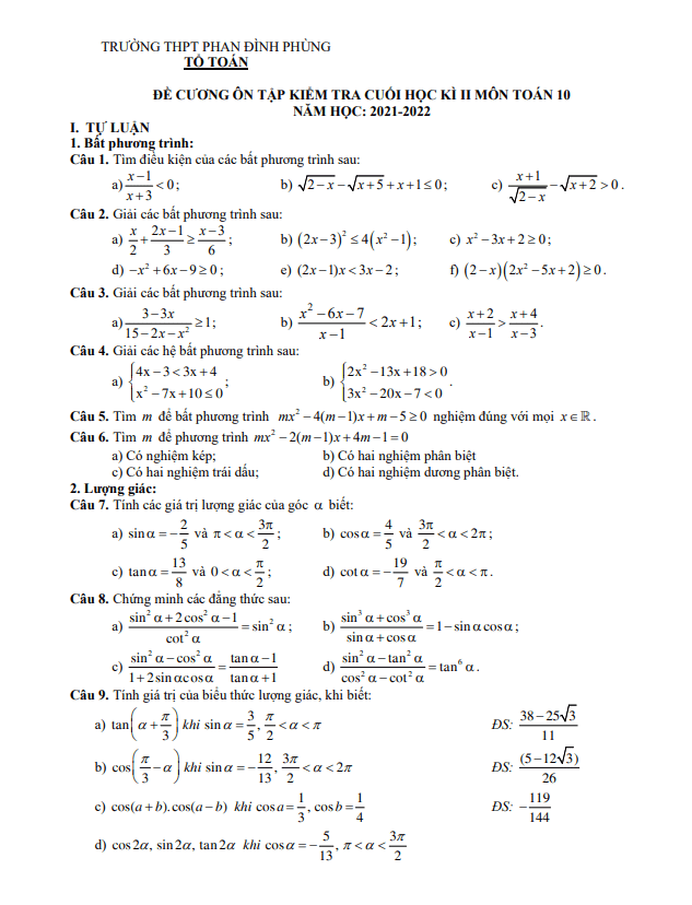 đề cương cuối kỳ 2 toán 10 năm 2021 – 2022 trường phan đình phùng – quảng bình