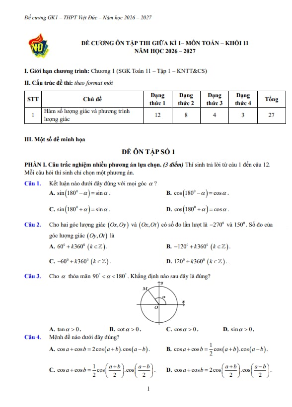 đề cương giữa học kì 1 toán 11 năm 2026 – 2027 trường thpt việt đức – hà nội