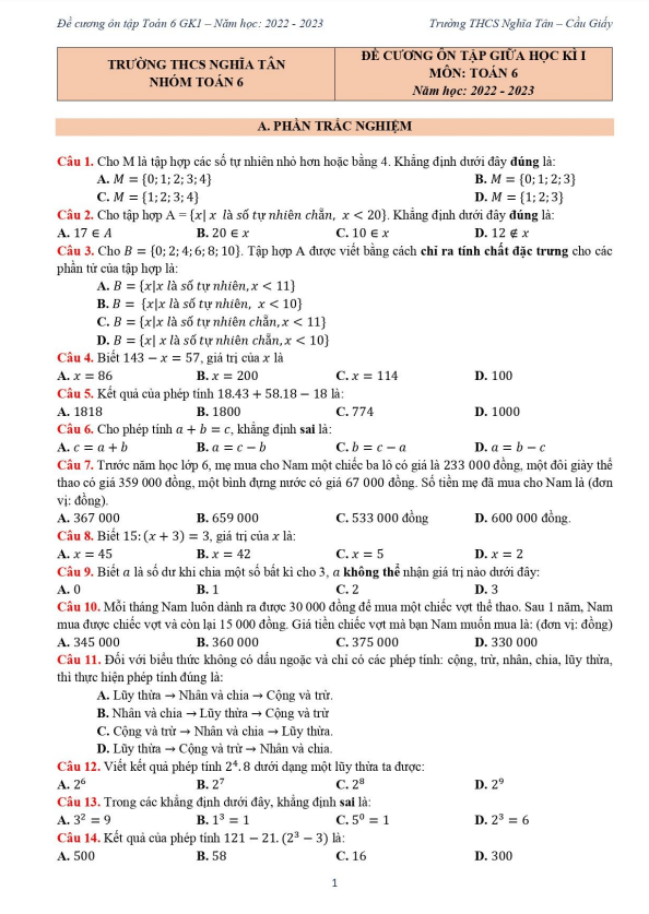 đề cương giữa học kì 1 toán 6 năm 2022 – 2023 trường thcs nghĩa tân – hà nội