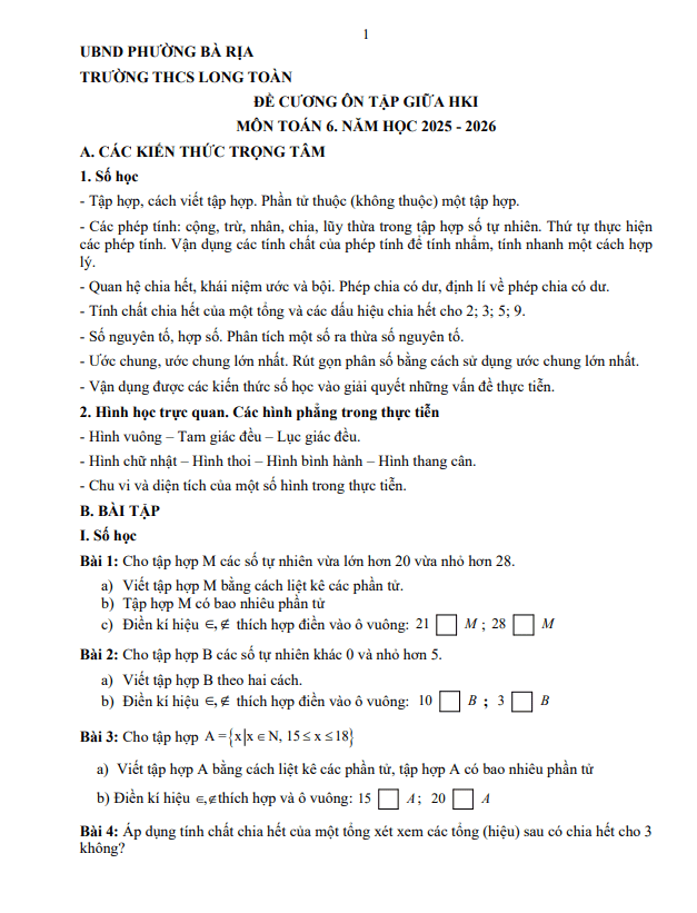 đề cương giữa học kì 1 toán 6 năm 2025 – 2026 trường thcs long toàn – tp hcm