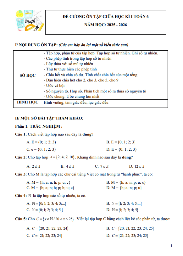 đề cương giữa học kì 1 toán 6 năm 2025 – 2026 trường thcs phước nguyên – tp hcm