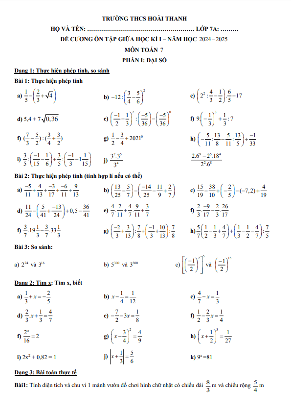 đề cương giữa học kì 1 toán 7 năm 2024 – 2025 trường thcs hoài thanh – bình định
