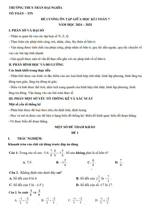 đề cương giữa học kì 1 toán 7 năm 2024 – 2025 trường thcs trần đại nghĩa – br vt