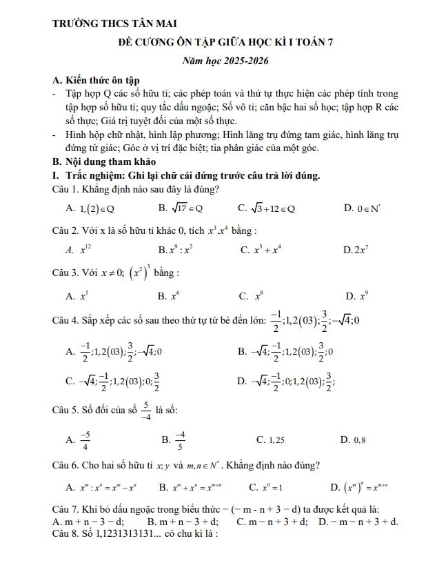 đề cương giữa học kì 1 toán 7 năm 2025 – 2026 trường thcs tân mai – hà nội