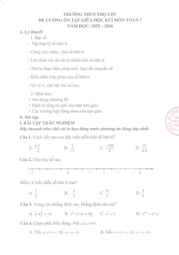 đề cương giữa học kì 1 toán 7 năm 2025 – 2026 trường thcs thọ lộc – hà nội