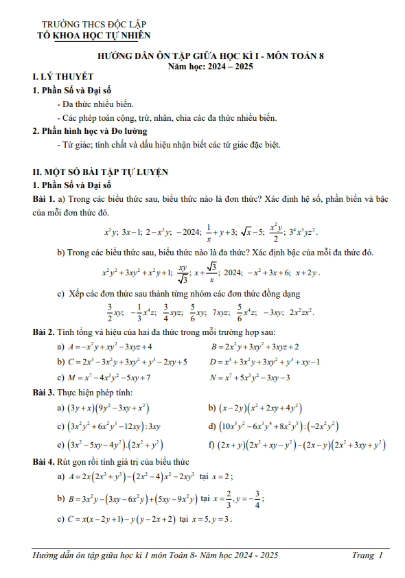 đề cương giữa học kì 1 toán 8 năm 2024 – 2025 trường thcs độc lập – thái nguyên