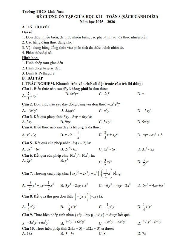đề cương giữa học kì 1 toán 8 năm 2025 – 2026 trường thcs lĩnh nam – hà nội