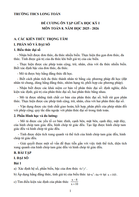 đề cương giữa học kì 1 toán 8 năm 2025 – 2026 trường thcs long toàn – tp hcm