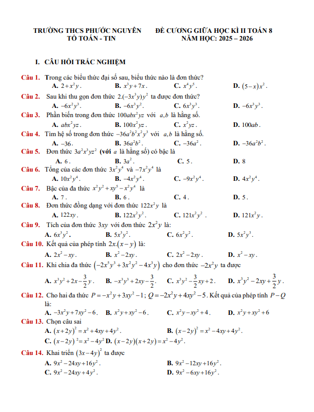 đề cương giữa học kì 1 toán 8 năm 2025 – 2026 trường thcs phước nguyên – tp hcm