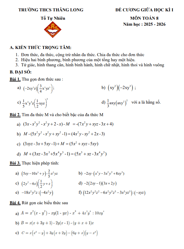 đề cương giữa học kì 1 toán 8 năm 2025 – 2026 trường thcs thăng long – hà nội
