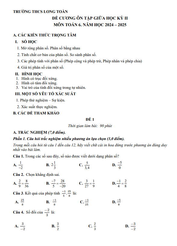 đề cương giữa học kì 2 toán 6 năm 2024 – 2025 trường thcs long toàn – br vt