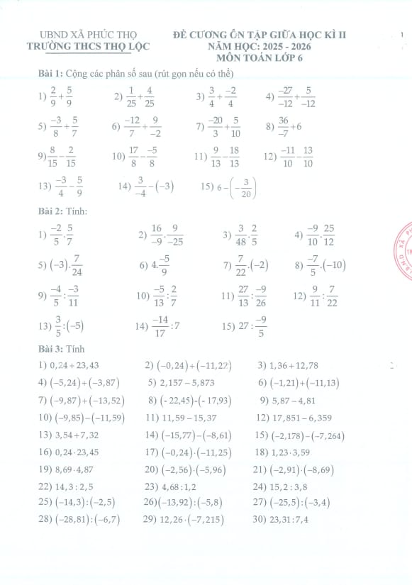 đề cương giữa học kì 2 toán 6 năm 2025 – 2026 trường thcs thọ lộc – hà nội
