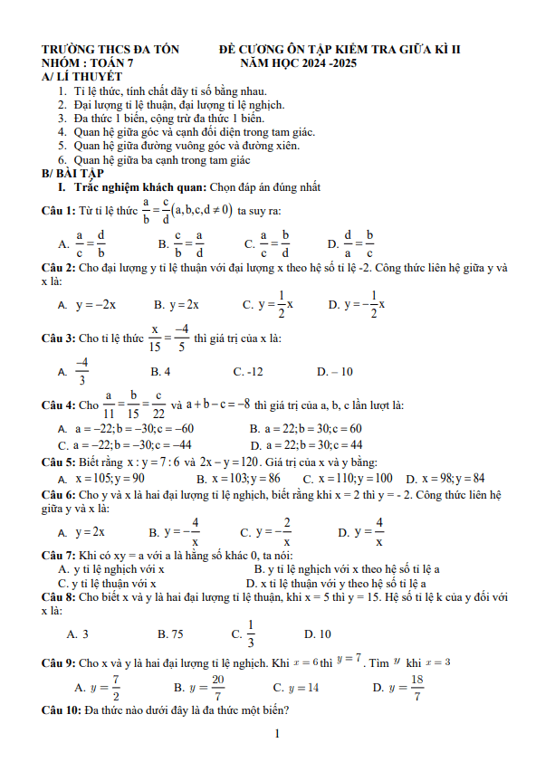 đề cương giữa học kì 2 toán 7 năm 2024 – 2025 trường thcs đa tốn – hà nội
