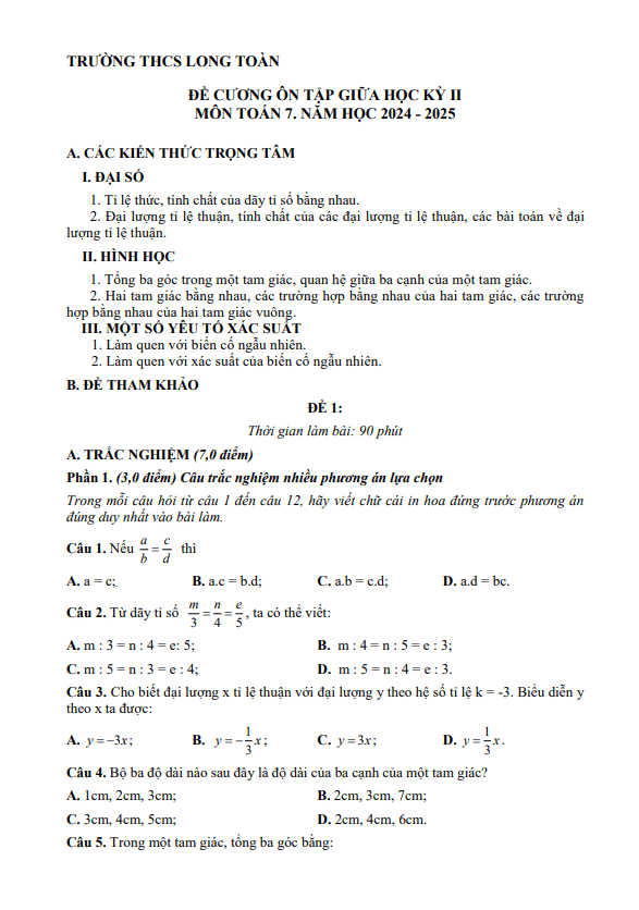 đề cương giữa học kì 2 toán 7 năm 2024 – 2025 trường thcs long toàn – br vt