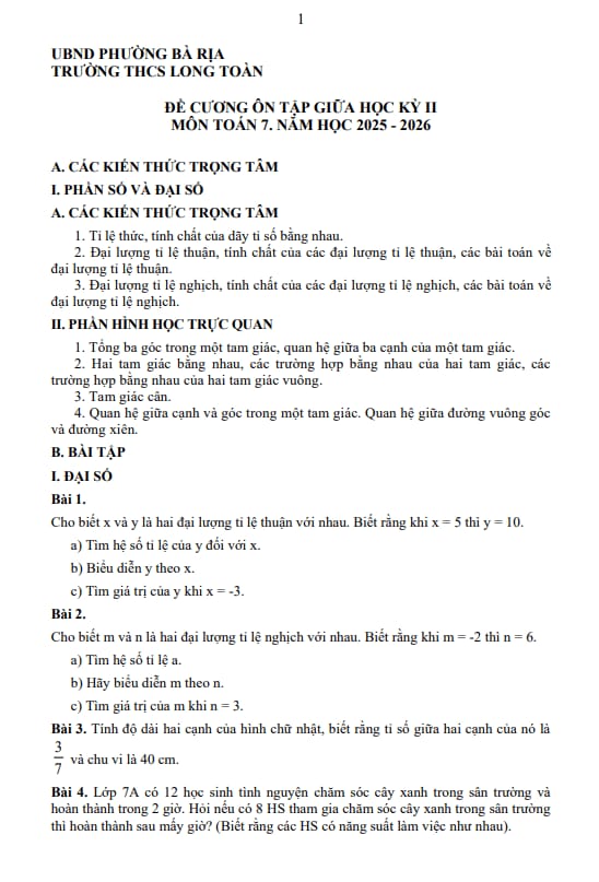 đề cương giữa học kì 2 toán 7 năm 2025 – 2026 trường thcs long toàn – tp hcm