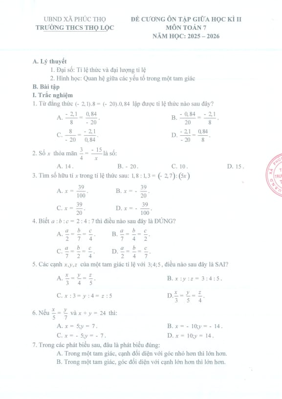 đề cương giữa học kì 2 toán 7 năm 2025 – 2026 trường thcs thọ lộc – hà nội