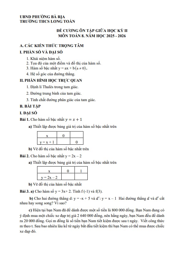 đề cương giữa học kì 2 toán 8 năm 2025 – 2026 trường thcs long toàn – tp hcm
