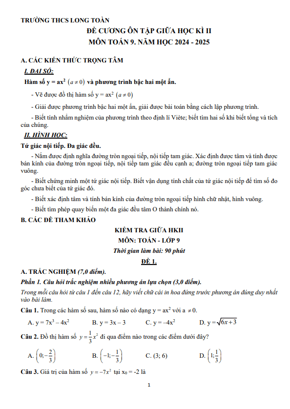 đề cương giữa học kì 2 toán 9 năm 2024 – 2025 trường thcs long toàn – br vt