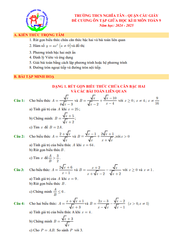 đề cương giữa học kì 2 toán 9 năm 2024 – 2025 trường thcs nghĩa tân – hà nội