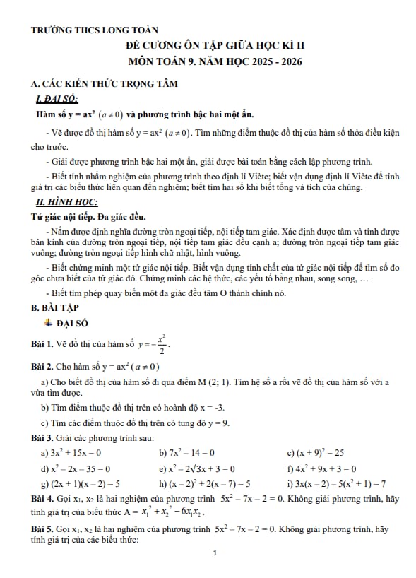 đề cương giữa học kì 2 toán 9 năm 2025 – 2026 trường thcs long toàn – tp hcm