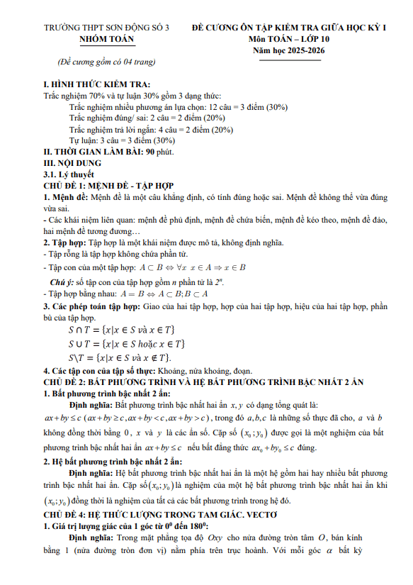 đề cương giữa học kỳ 1 toán 10 năm 2025 – 2026 trường thpt sơn động 3 – bắc ninh