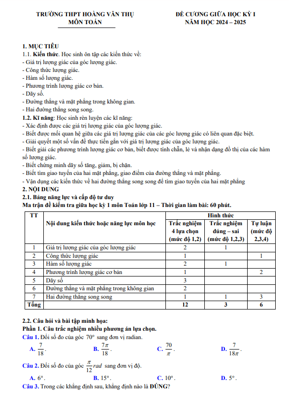 đề cương giữa học kỳ 1 toán 11 năm 2024 – 2025 trường thpt hoàng văn thụ – hà nội