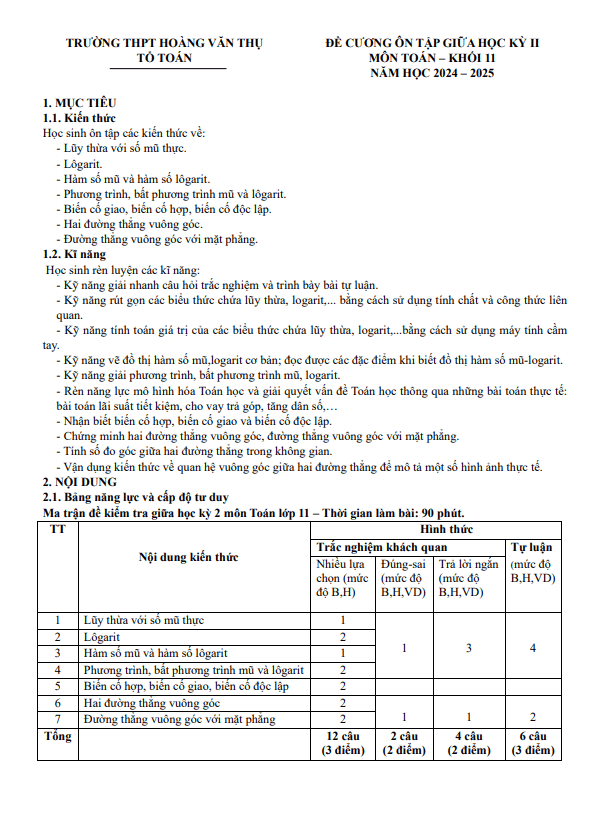 đề cương giữa học kỳ 2 toán 11 năm 2024 – 2025 trường thpt hoàng văn thụ – hà nội