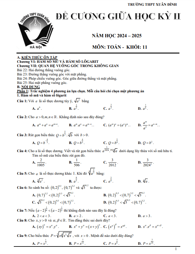 đề cương giữa học kỳ 2 toán 11 năm 2024 – 2025 trường thpt xuân đỉnh – hà nội