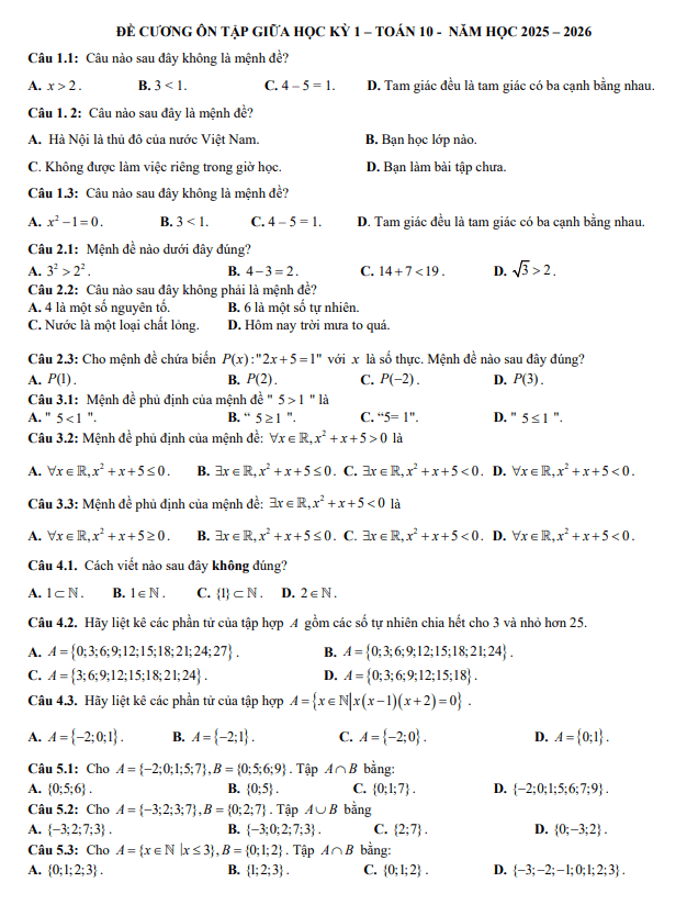 đề cương giữa kì 1 toán 10 năm 2025 – 2026 trường thpt đức trọng – lâm đồng