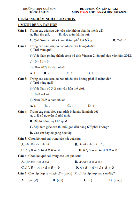 đề cương giữa kì 1 toán 10 năm 2025 – 2026 trường thpt quế sơn – đà nẵng