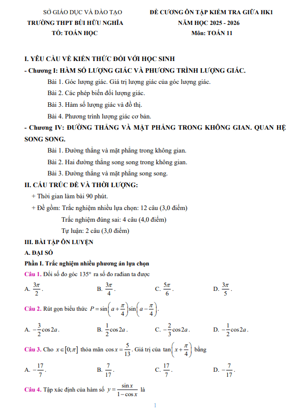 đề cương giữa kì 1 toán 11 năm 2025 – 2026 trường thpt bùi hữu nghĩa – cần thơ