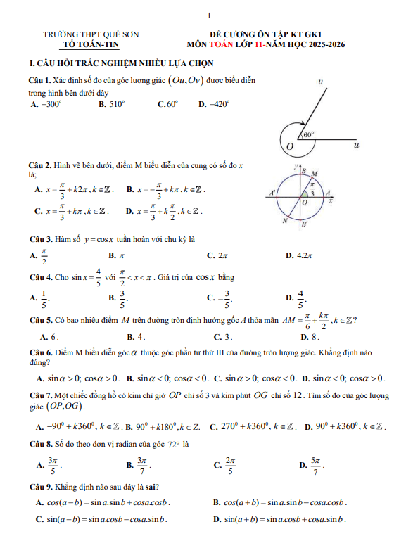 đề cương giữa kì 1 toán 11 năm 2025 – 2026 trường thpt quế sơn – đà nẵng